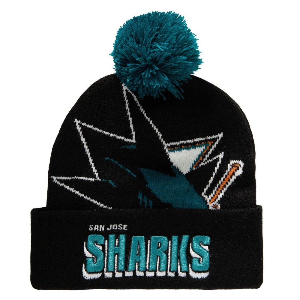 Mitchell & Ness NHL San Jose Sharks Punch Out Pom Beanie Hat Cap Black - OSFM